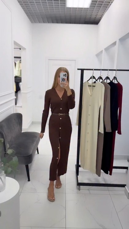 трикотажное платье,платье стильное,платье коричневое,платье женское трикотажное,платье с пуговицами