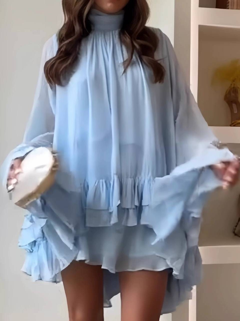 платье с оборками,свободное платье,платье голубой,платье,платье с воланами