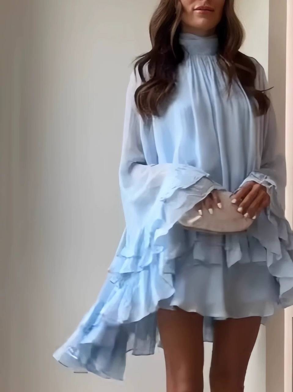 платье с оборками,свободное платье,платье голубой,платье,платье с воланами
