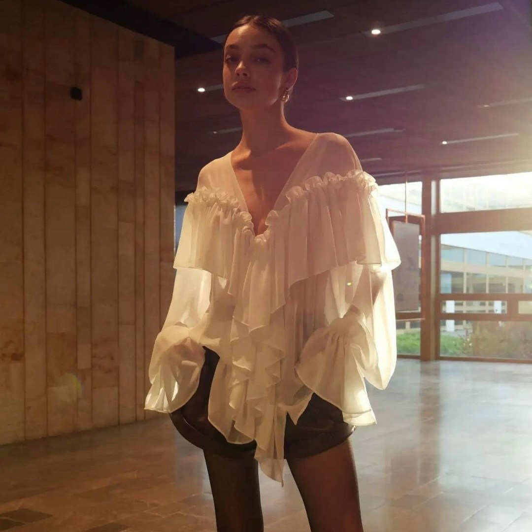 женская шифоновая рубашка с рюшами,прозрачная блузка,блузка с объемными рукавами,шифоновые блузки,блузка стильная