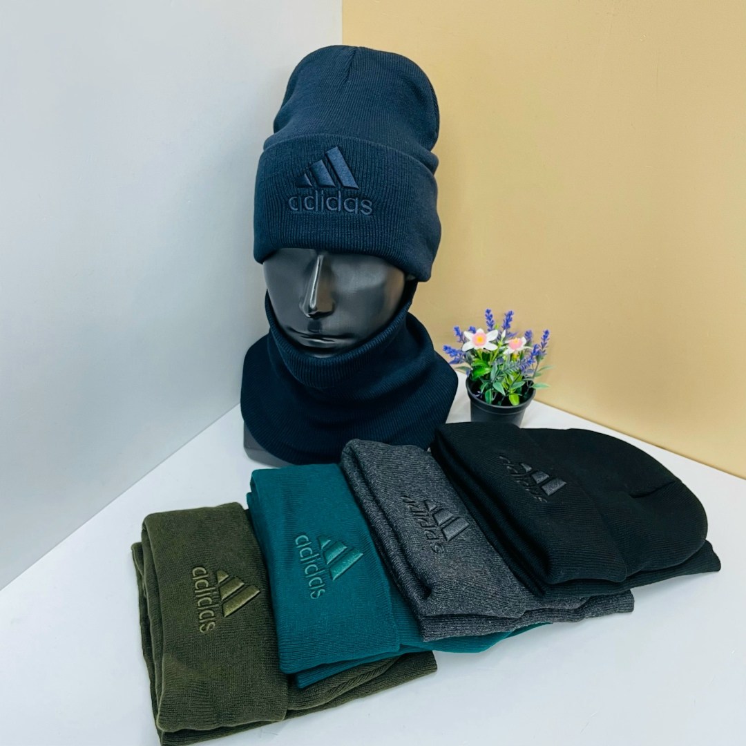 шапка мужская adidas,шапка для мужчин,мужская шапка,шапка и снуд,комплект шапки