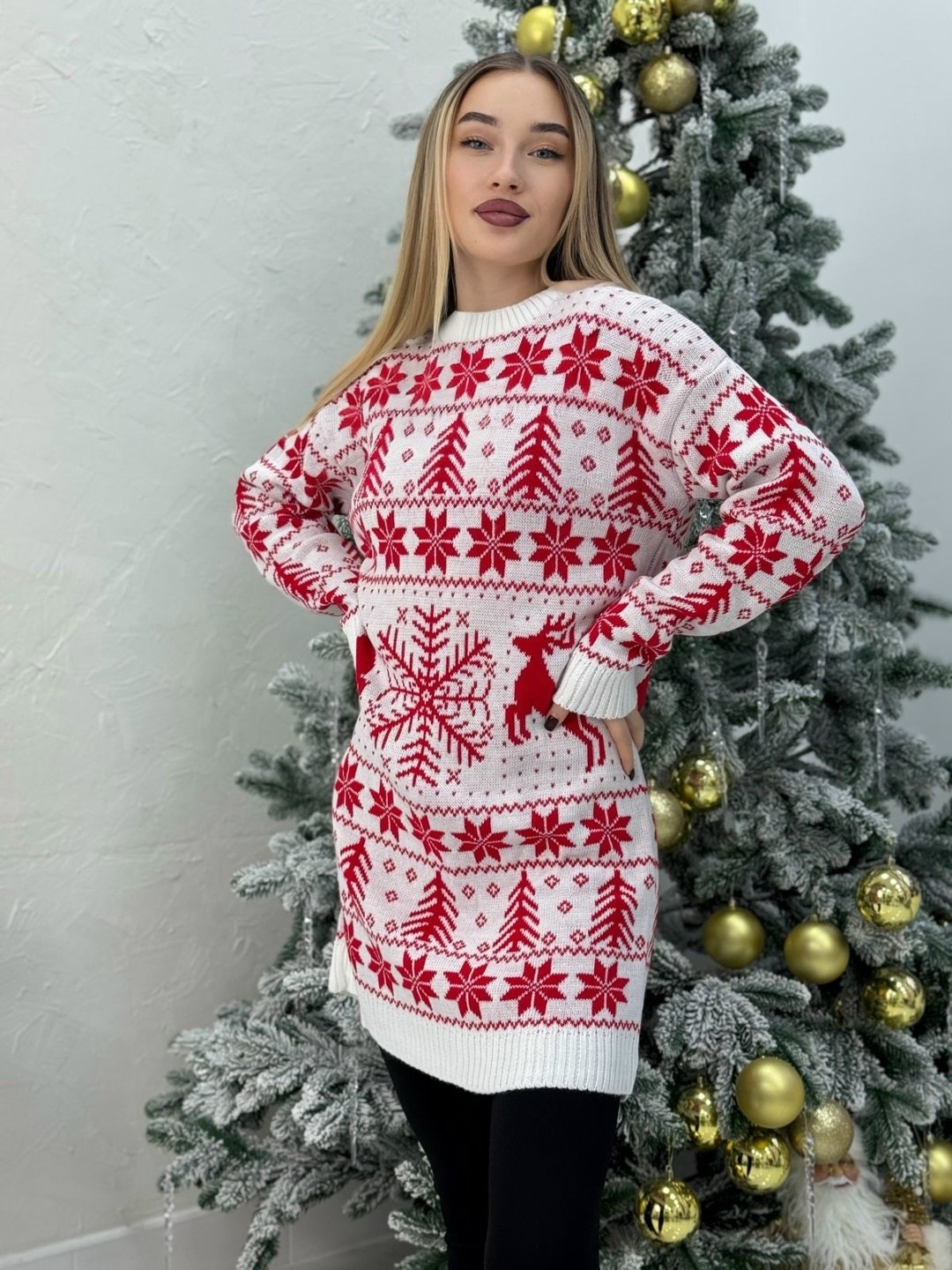 туника новогодняя,туника вязаная с оленями,туника вязаная,вязаное платье,джемпер новогодний