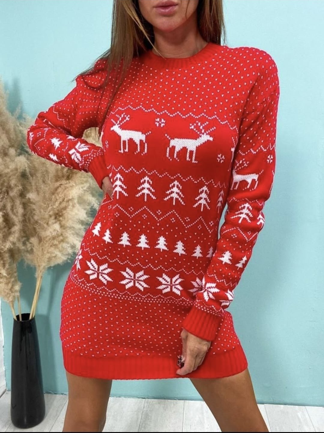теплая туника,туника новогодняя,свитер с новогодним принтом,вязаная туника,туника вязаная с оленями