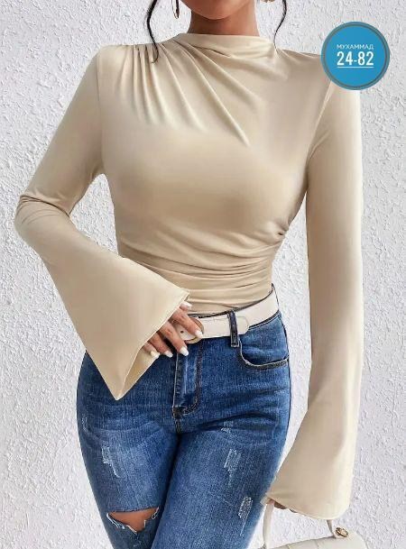 женская кофта,блузка женская,расклешенные рукава,футболка с воротником стойкой,топ с длинными рукавами женский