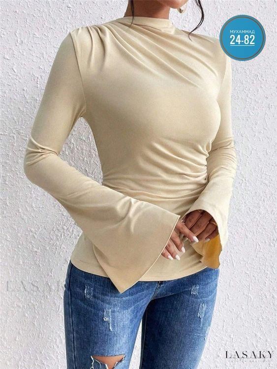 женская кофта,блузка женская,расклешенные рукава,футболка с воротником стойкой,топ с длинными рукавами женский