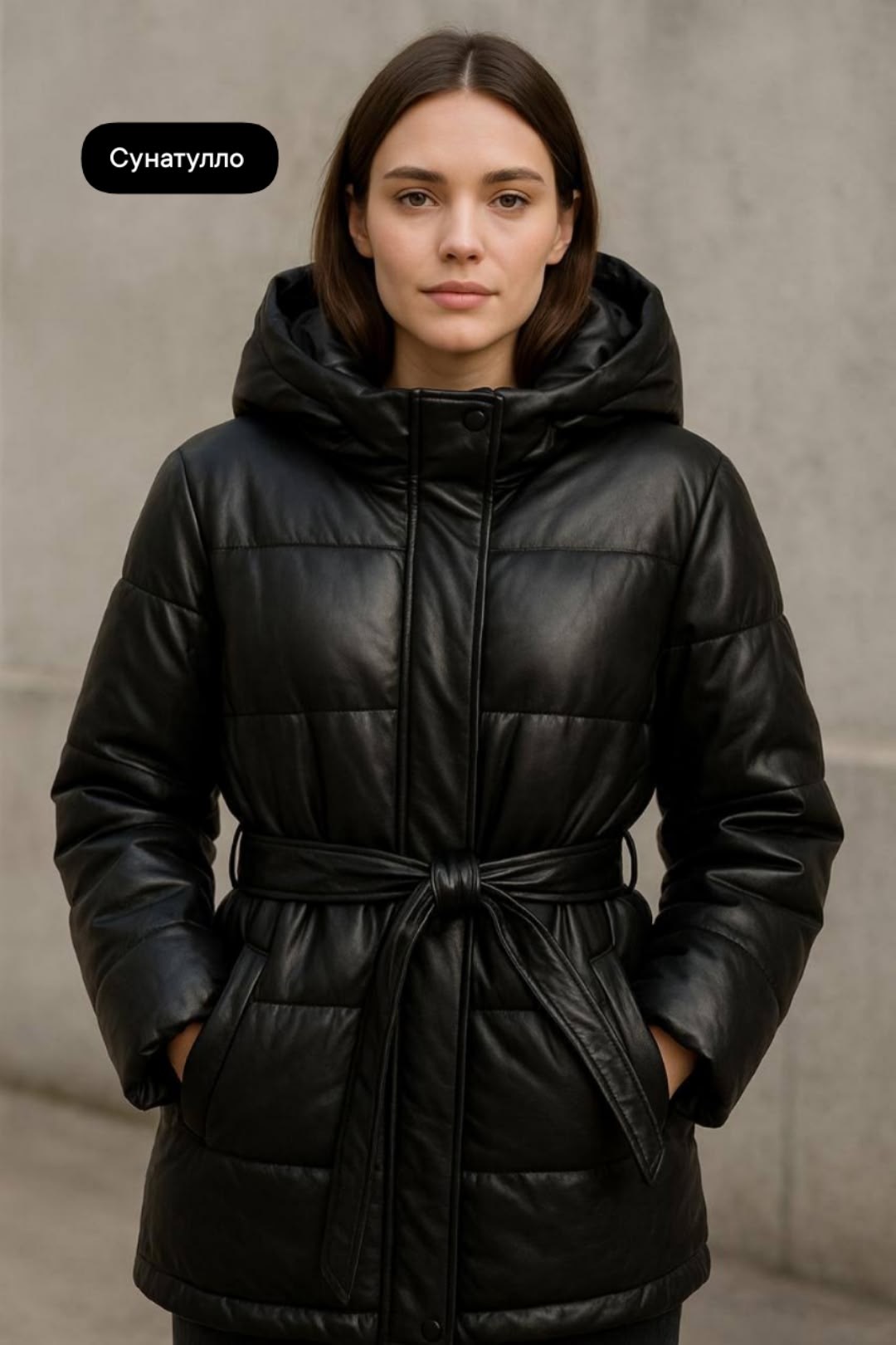 женская куртка из экокожи,куртка из экокожи,куртка с поясом,куртка из экокожи с капюшоном,пуховик из экокожи