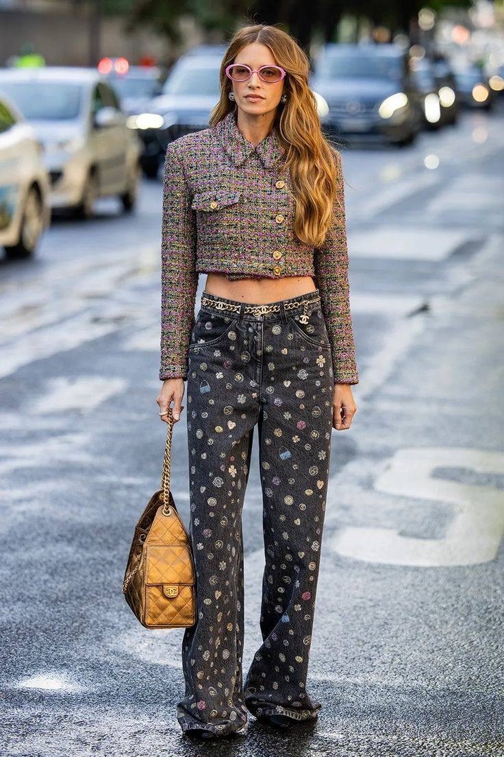 брюки палаццо изумрудные,шанель мода,твидовые костюмы,уличный стиль,мода стиль