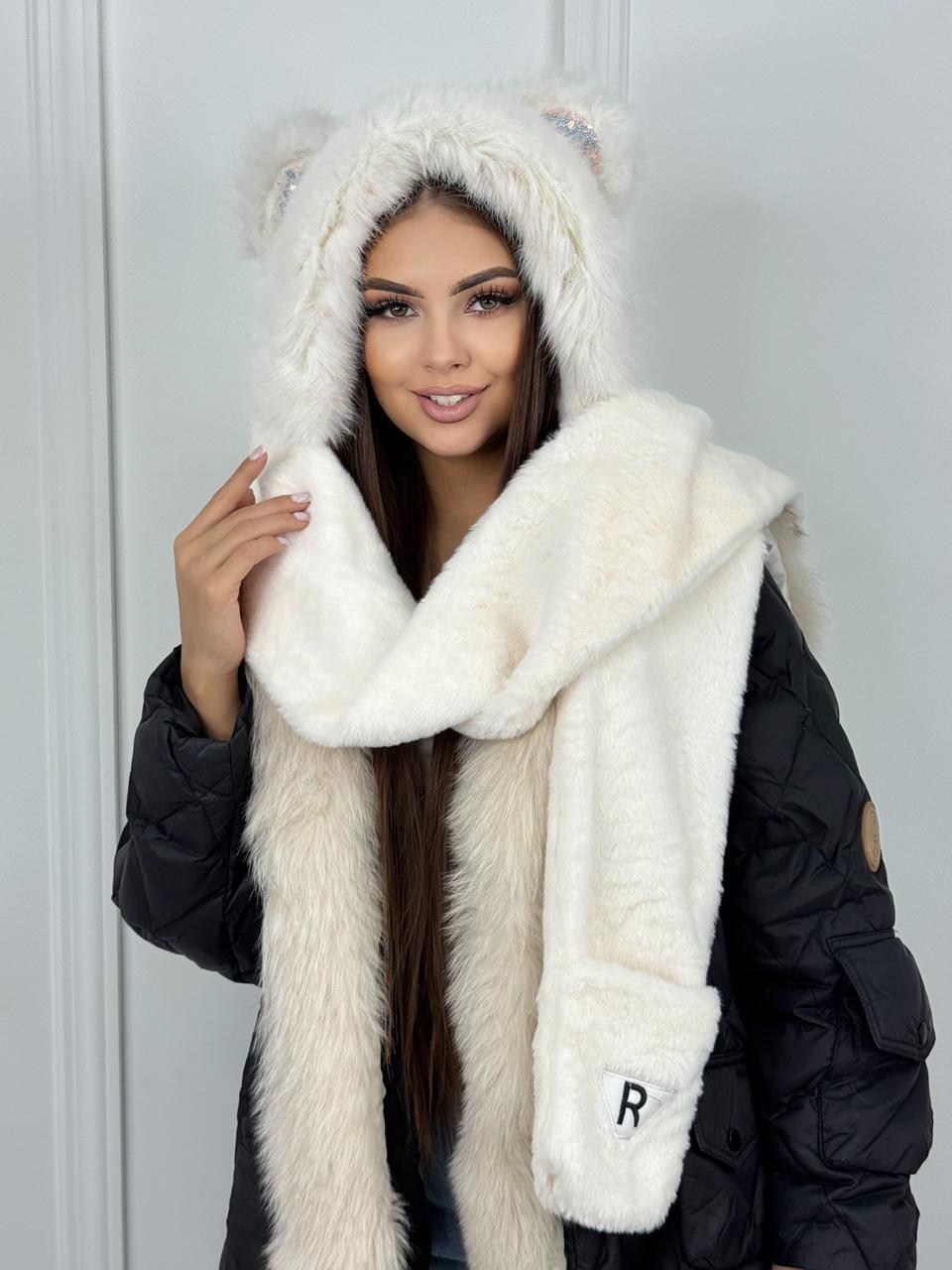 меховая шапка,шапка шарф,шапка с ушками шарфом,капюшон шарф,женская меховая шапка