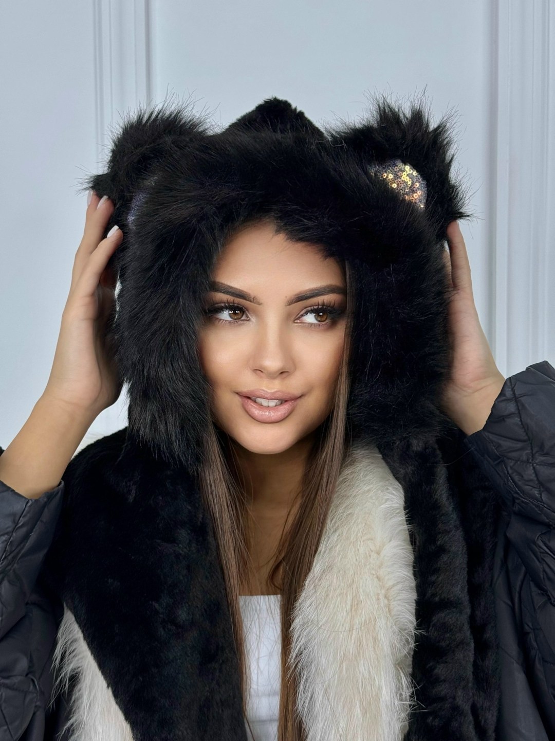 меховая шапка,шапка шарф,шапка с ушками шарфом,капюшон шарф,женская меховая шапка