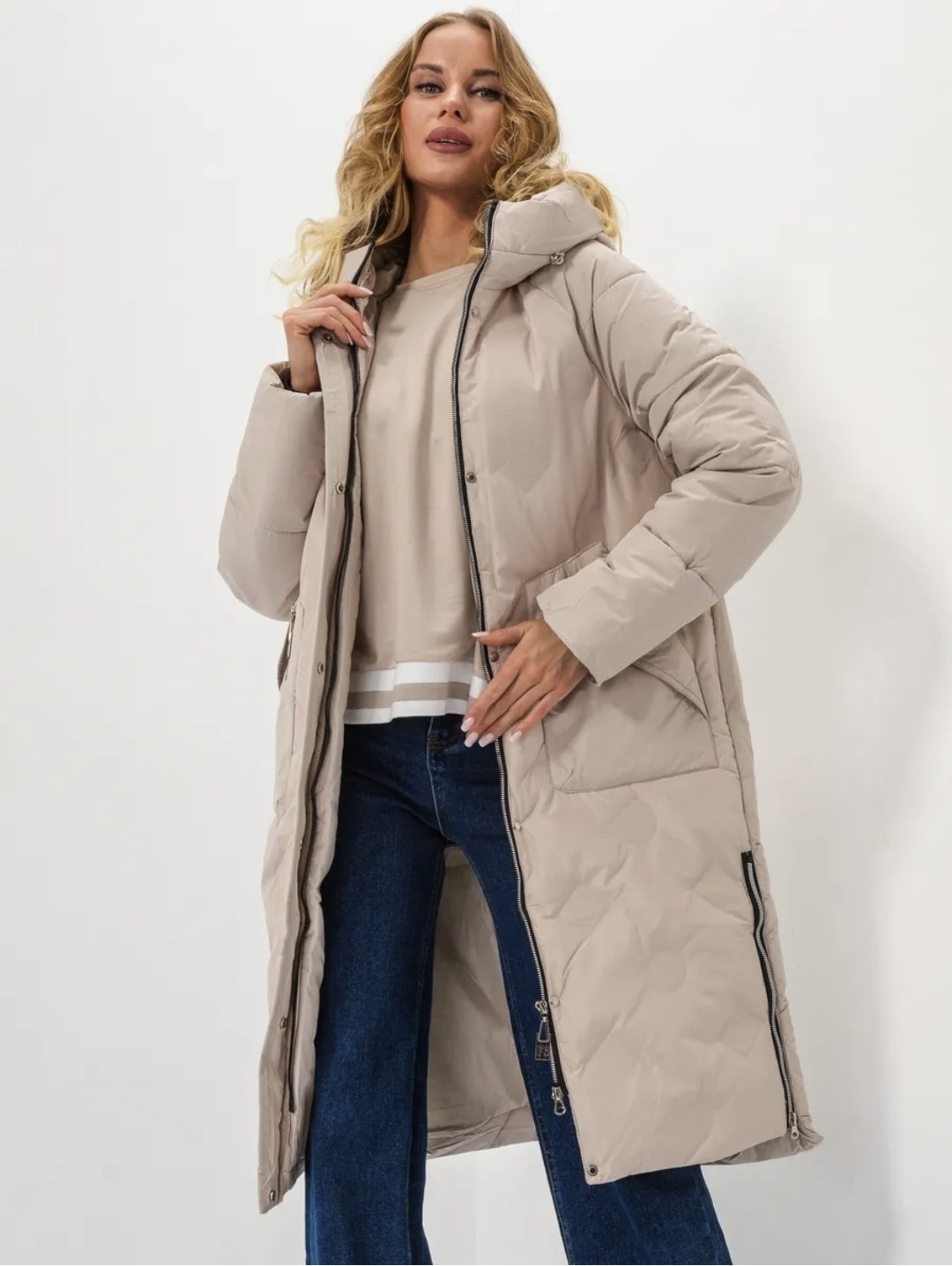 стильные пуховики,пуховик зимний длинный с капюшоном piomino,пуховик удлиненный женский,бежевый пуховик,пуховик женский зимний