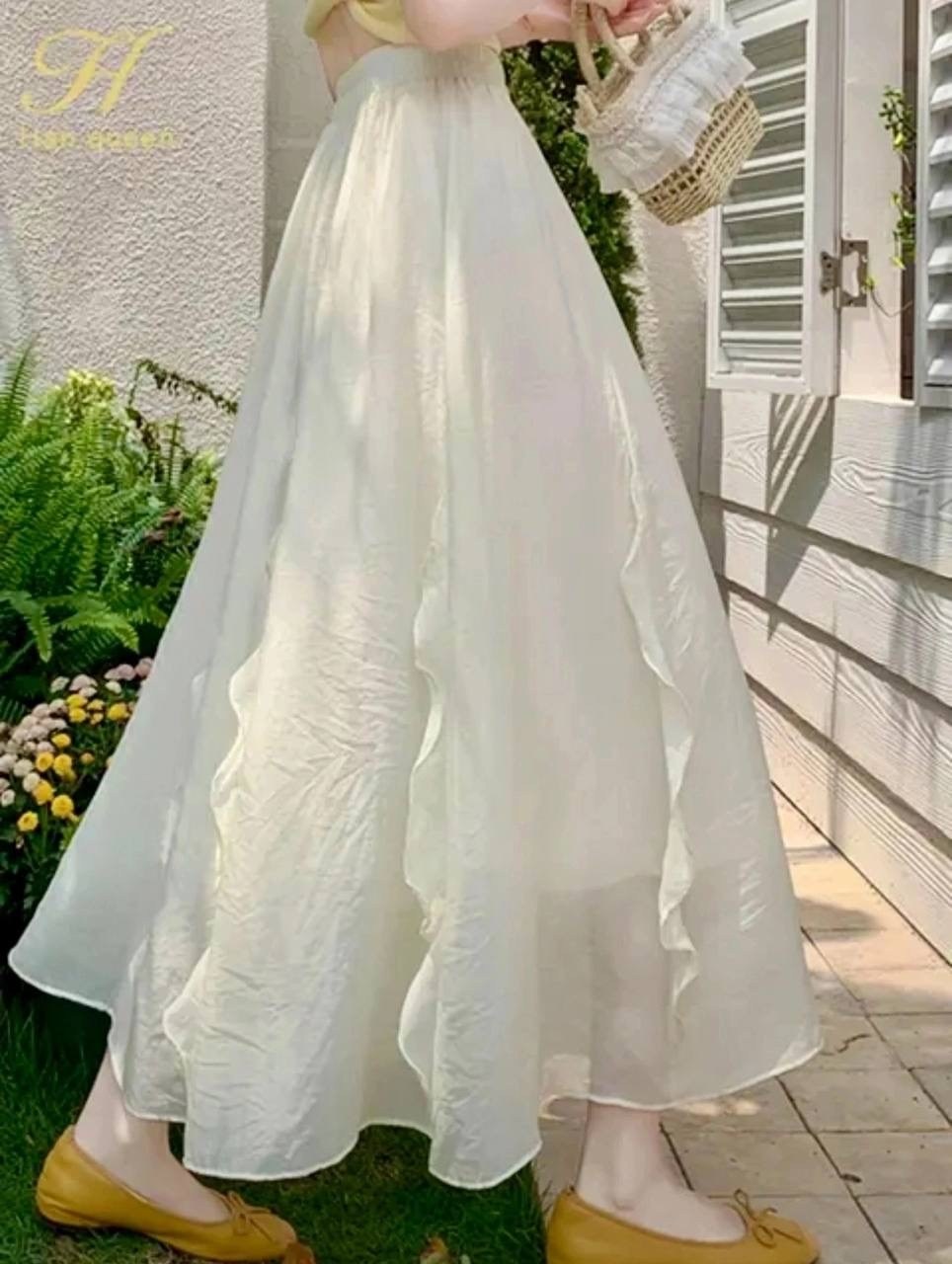 женская длинная юбка,длинная белая юбка,юбка в корейском стиле,длинная юбка,шифоновая юбка