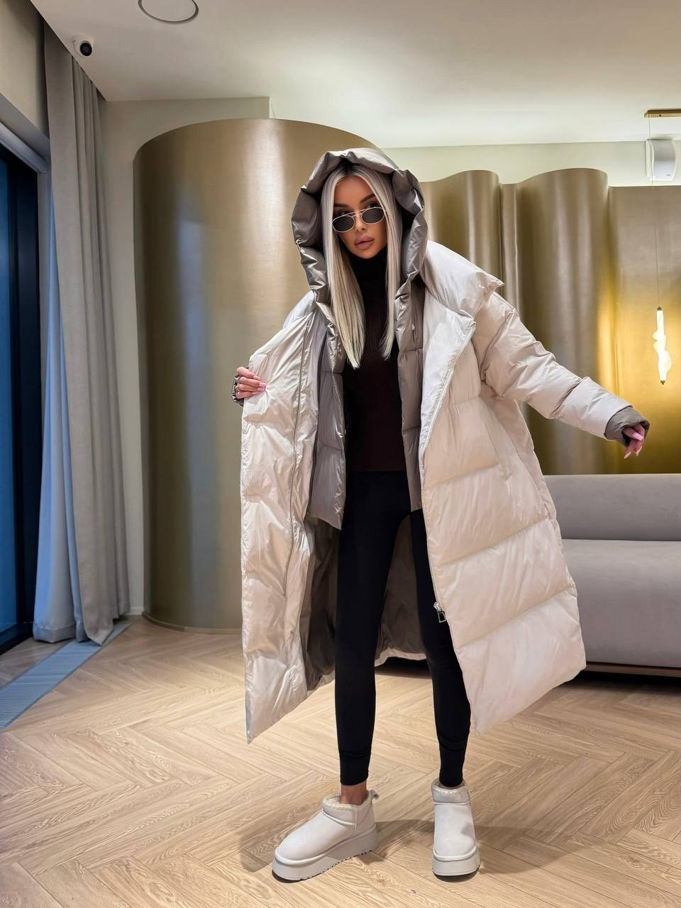 стильные пуховики,бежевый пуховик,длинные пуховики,пуховик,пуховик двухсторонний