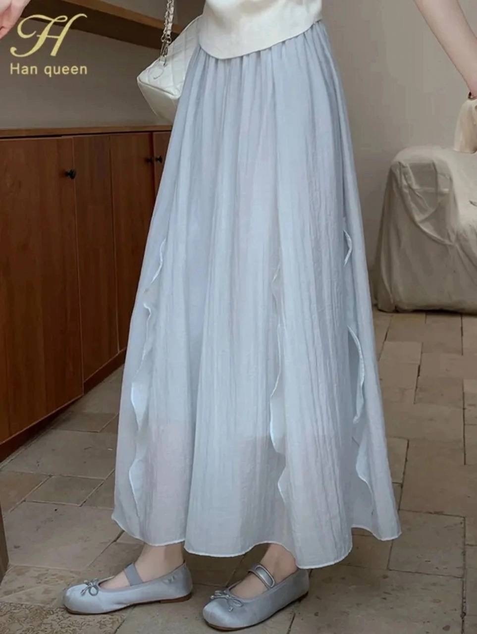 женская длинная юбка,длинная белая юбка,юбка в корейском стиле,длинная юбка,шифоновая юбка