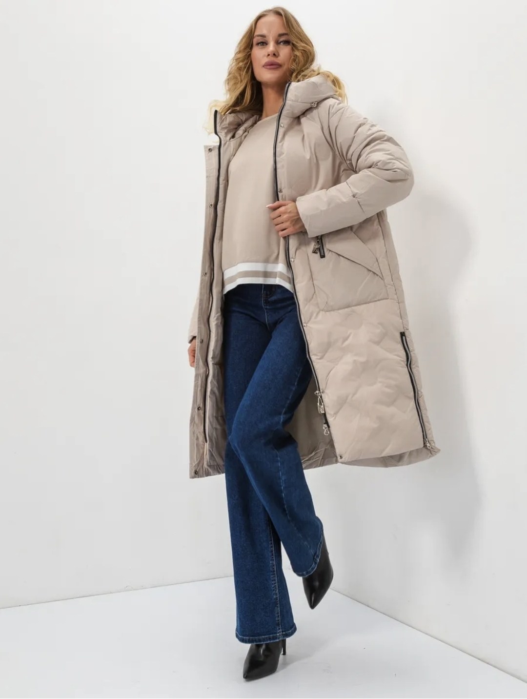 стильные пуховики,пуховик зимний длинный с капюшоном piomino,пуховик удлиненный женский,бежевый пуховик,пуховик женский зимний