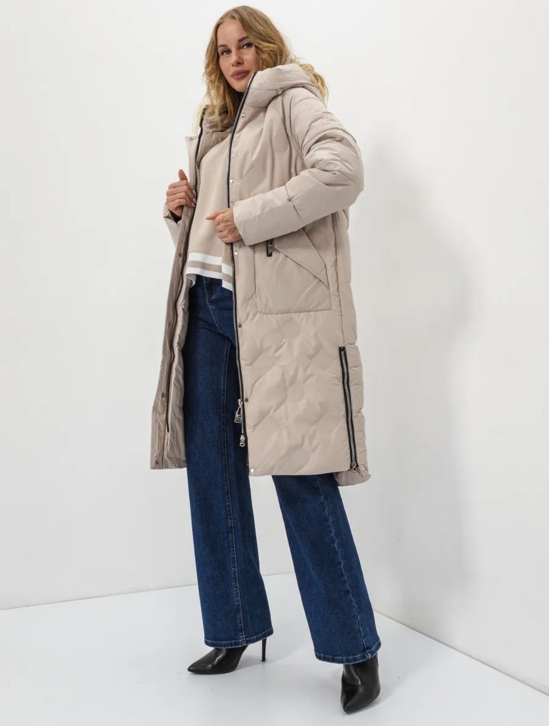 стильные пуховики,пуховик зимний длинный с капюшоном piomino,пуховик удлиненный женский,бежевый пуховик,пуховик женский зимний