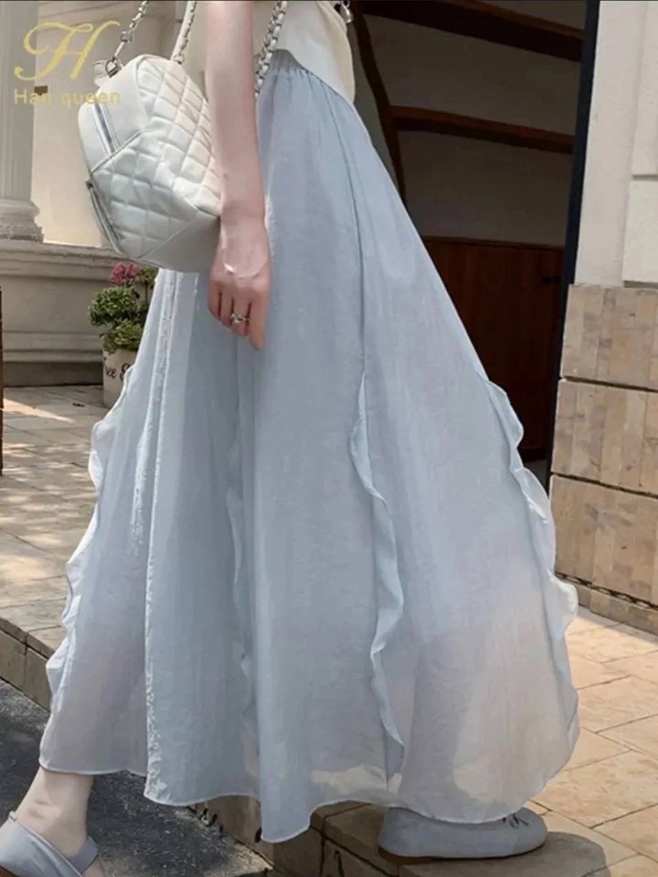 женская длинная юбка,длинная белая юбка,юбка в корейском стиле,длинная юбка,шифоновая юбка