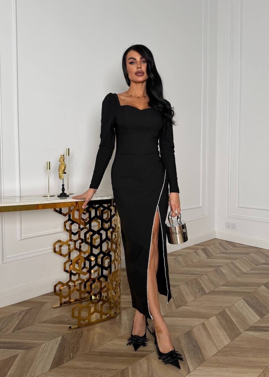 платье черное с разрезом,платье миди черное,модное платье,платье женская,платье с высоким разрезом