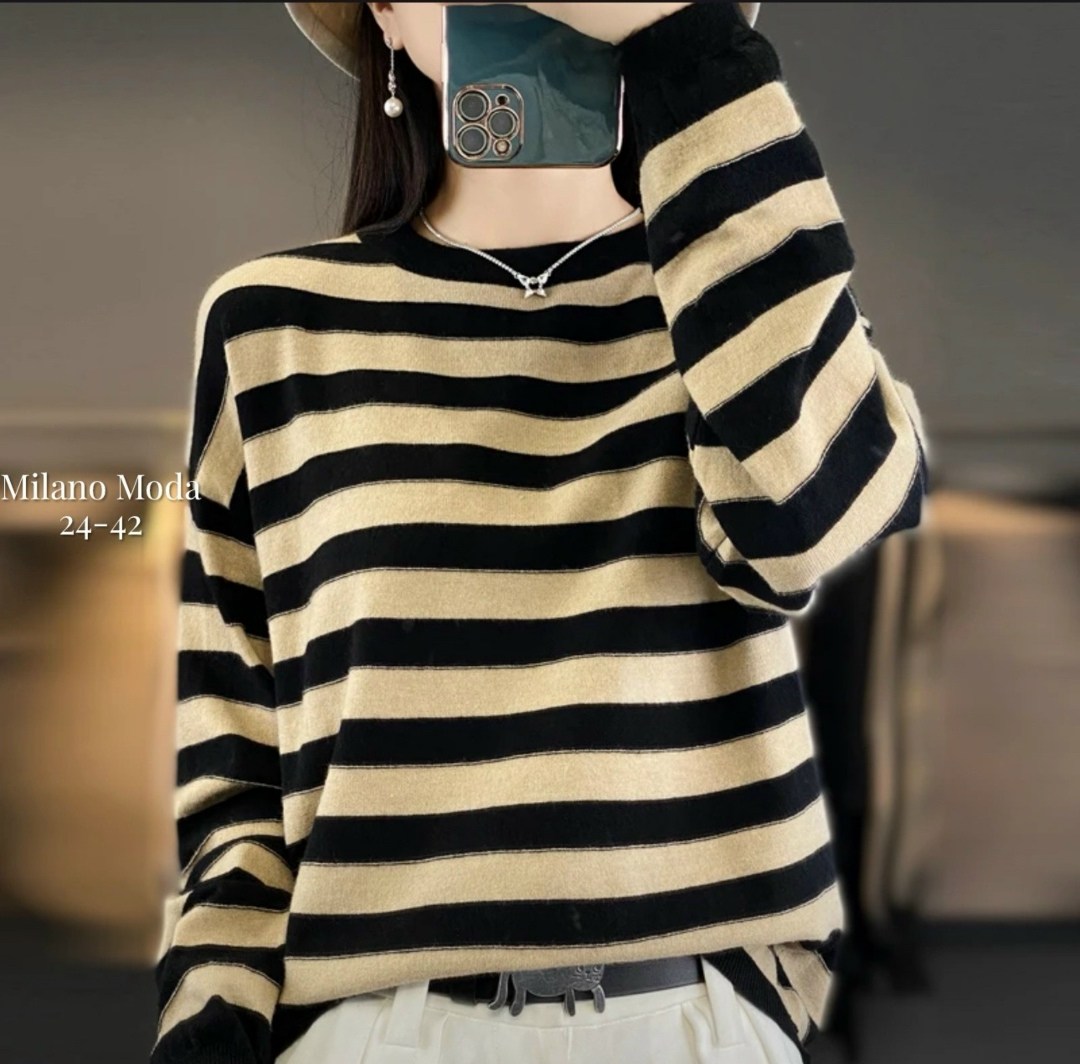 полосатый женский свитер с круглым вырезом,свитер в полоску женский,полосатая кофта женская,женский трикотажный свитер в полоску,джемпер с полосатыми рукавами
