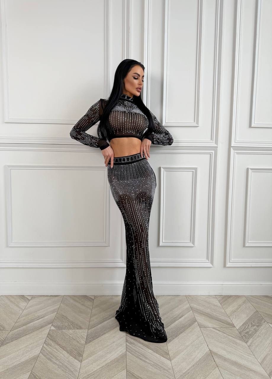 платье со стразами,стильные костюмы,комплект юбка и топ,костюм в стразах,костюм вечерний