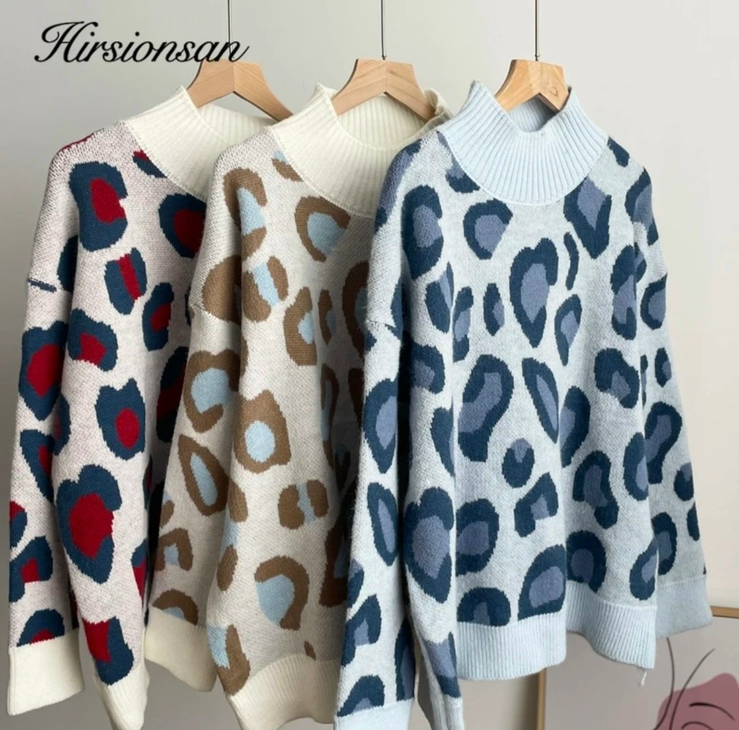 зимний женский свитер hirsionsan,пуловер оверсайз джемпер,свитер с леопардовым принтом,женский вязаный свитер с леопардовым принтом,зимний женский свитер wywm с леопардовым принтом