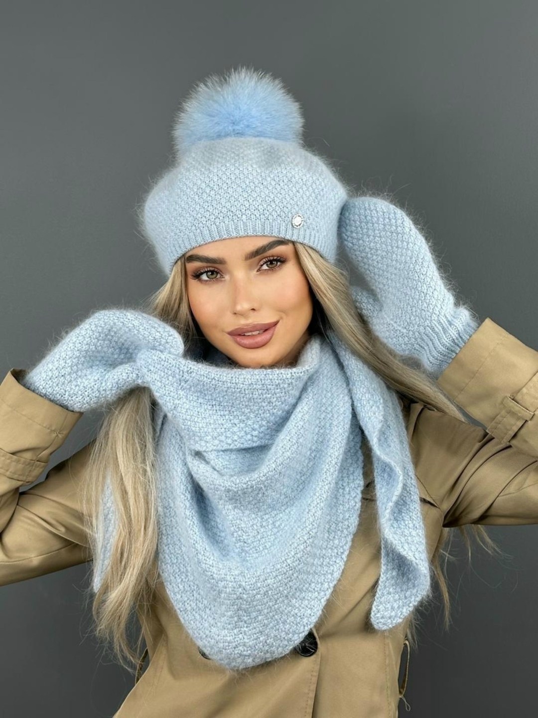 комплект шапки,шапка тыковка из пуха норки,шапка ангора мондиаль,шапка пушистая,варежки ангора