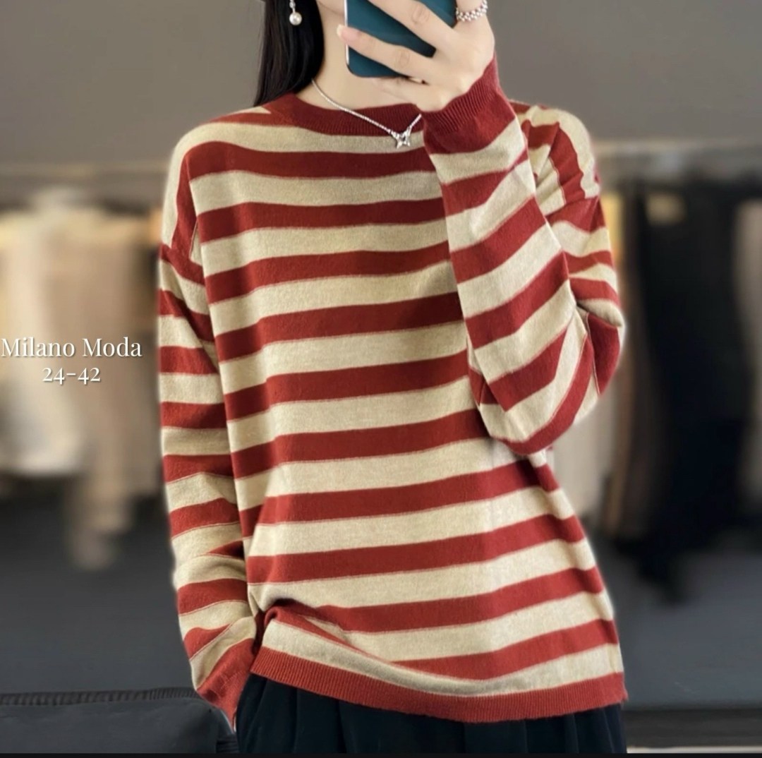 полосатый женский свитер с круглым вырезом,свитер в полоску женский,полосатая кофта женская,женский трикотажный свитер в полоску,джемпер с полосатыми рукавами
