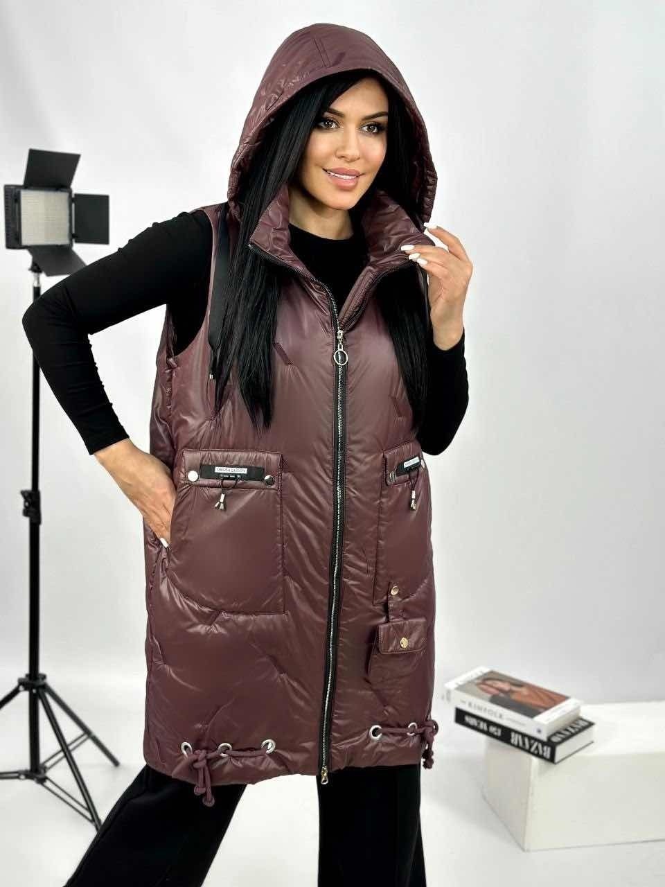 жилетка женская,жилет женский,жилетка с капюшоном длинная,жилет утепленный женский,жилет