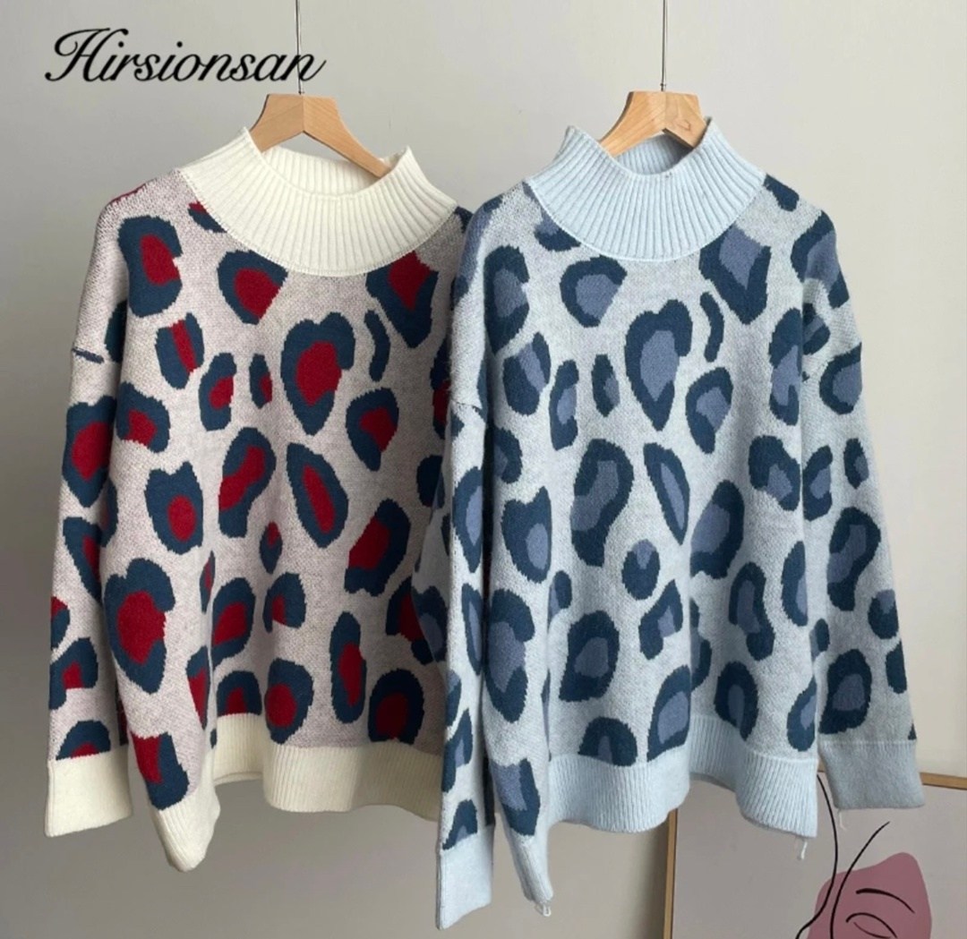 зимний женский свитер hirsionsan,пуловер оверсайз джемпер,свитер с леопардовым принтом,женский вязаный свитер с леопардовым принтом,зимний женский свитер wywm с леопардовым принтом