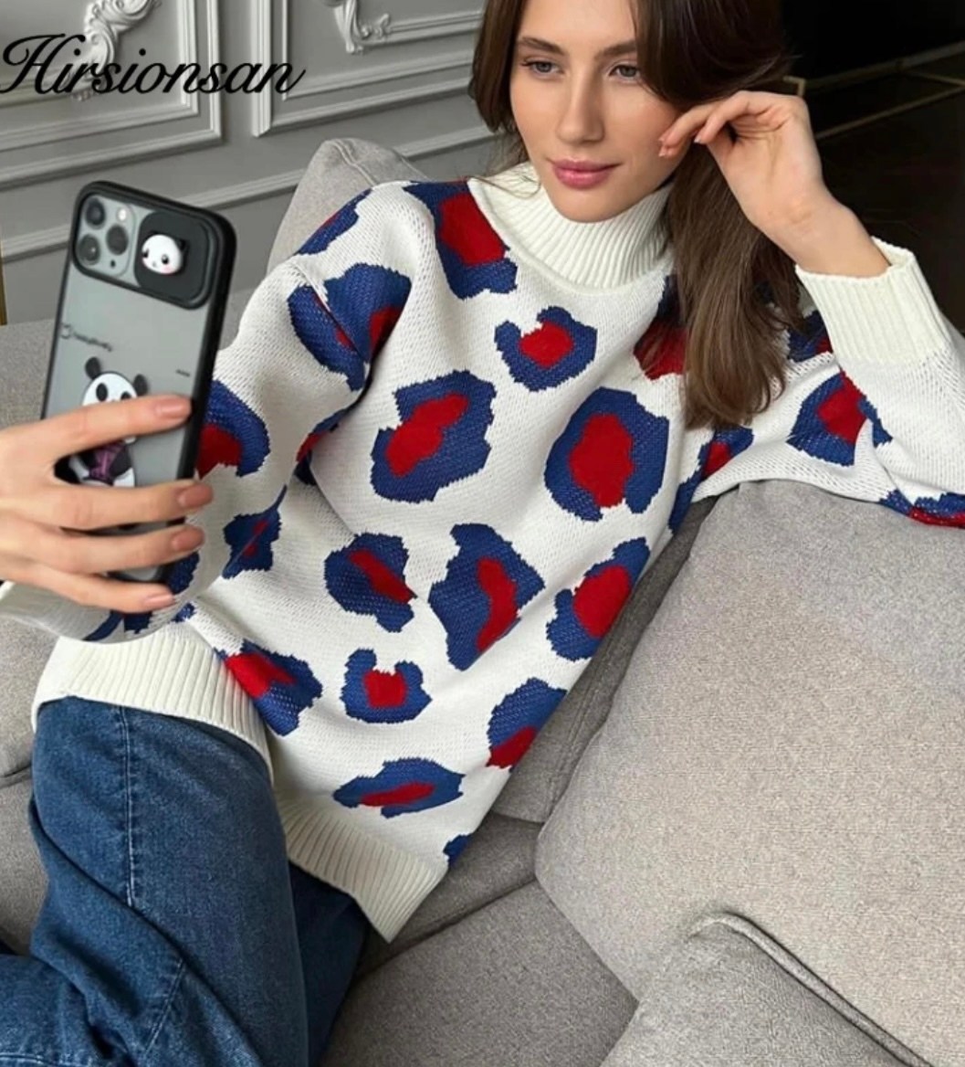 зимний женский свитер hirsionsan,пуловер оверсайз джемпер,свитер с леопардовым принтом,женский вязаный свитер с леопардовым принтом,зимний женский свитер wywm с леопардовым принтом