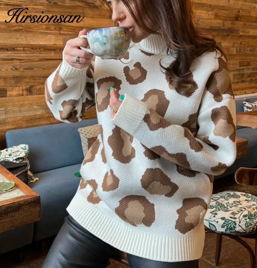 зимний женский свитер hirsionsan,пуловер оверсайз джемпер,свитер с леопардовым принтом,женский вязаный свитер с леопардовым принтом,зимний женский свитер wywm с леопардовым принтом