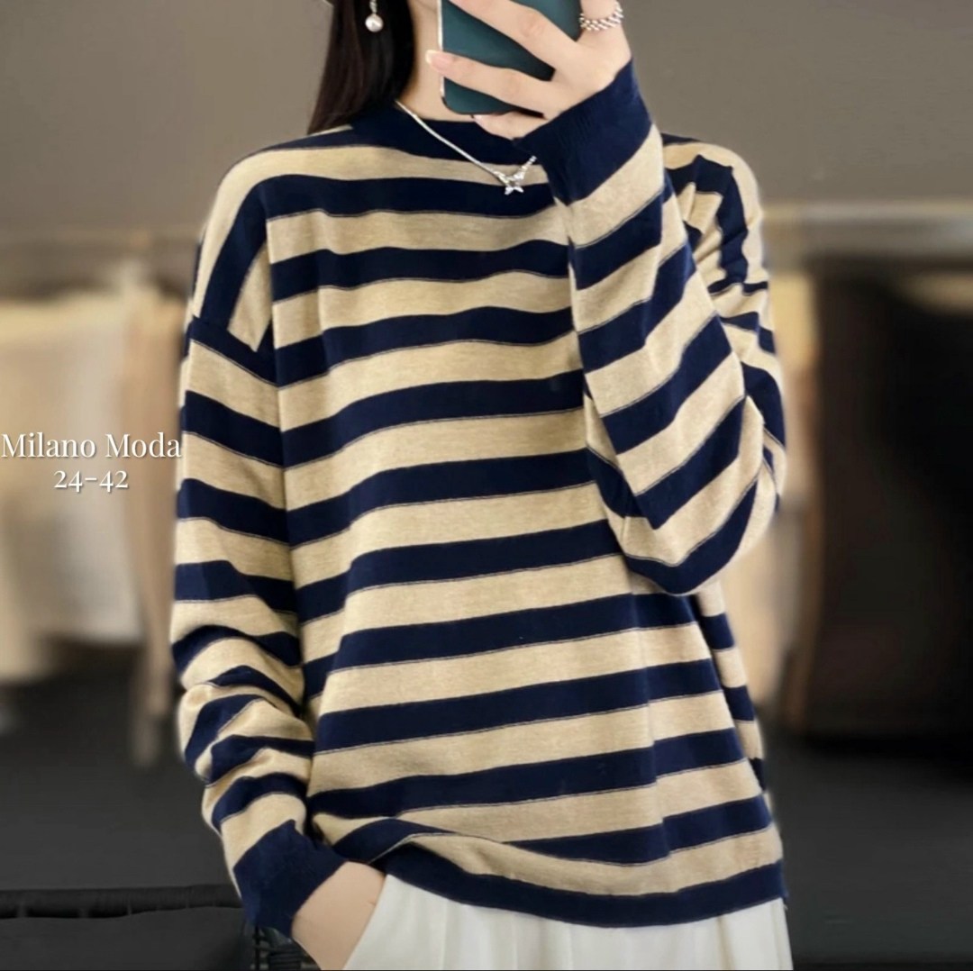 полосатый женский свитер с круглым вырезом,свитер в полоску женский,полосатая кофта женская,женский трикотажный свитер в полоску,джемпер с полосатыми рукавами