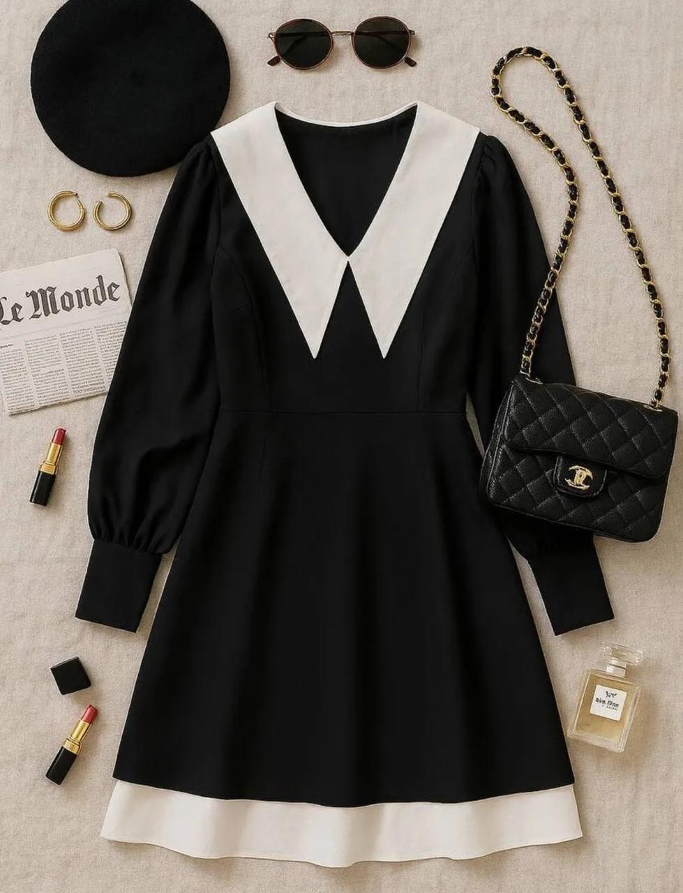 черное платье с белым воротником,платье с воротником,платье с белым воротником,школьное платье,стильное платье мини