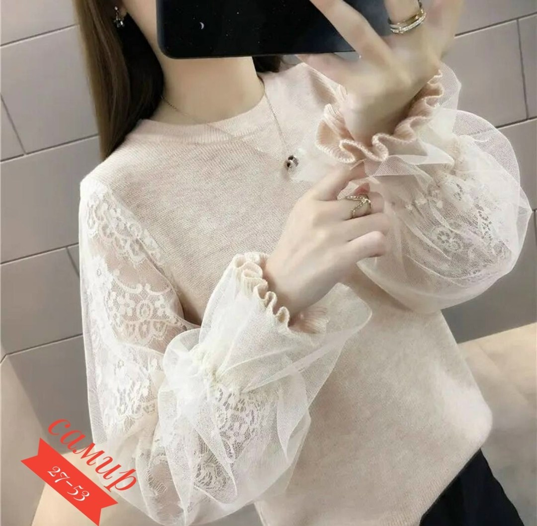 свитер с шифоном,женский джемпер с кружевным рукавом,модный женский свитер,свитер с рукавом фонарик,шифоновые блузки