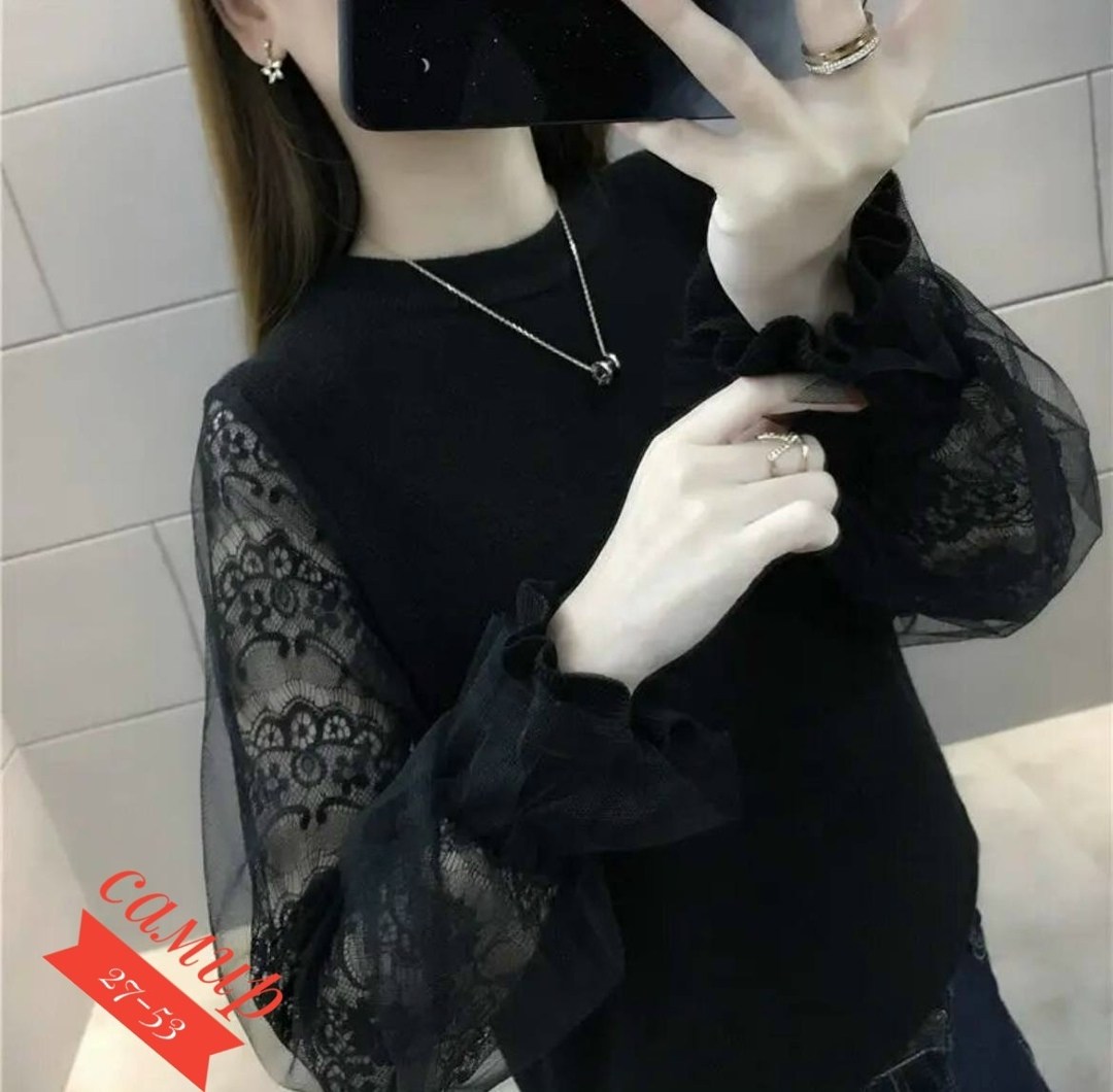 свитер с шифоном,женский джемпер с кружевным рукавом,модный женский свитер,свитер с рукавом фонарик,шифоновые блузки