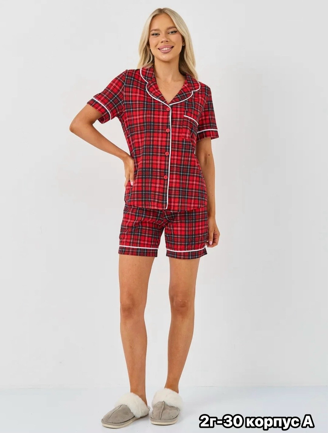 пижама женская с шортами и рубашкой,пижама женская с шортами в клетку,пижама женская с шортам,пижама женская,пижама эмир 425 клетка красная