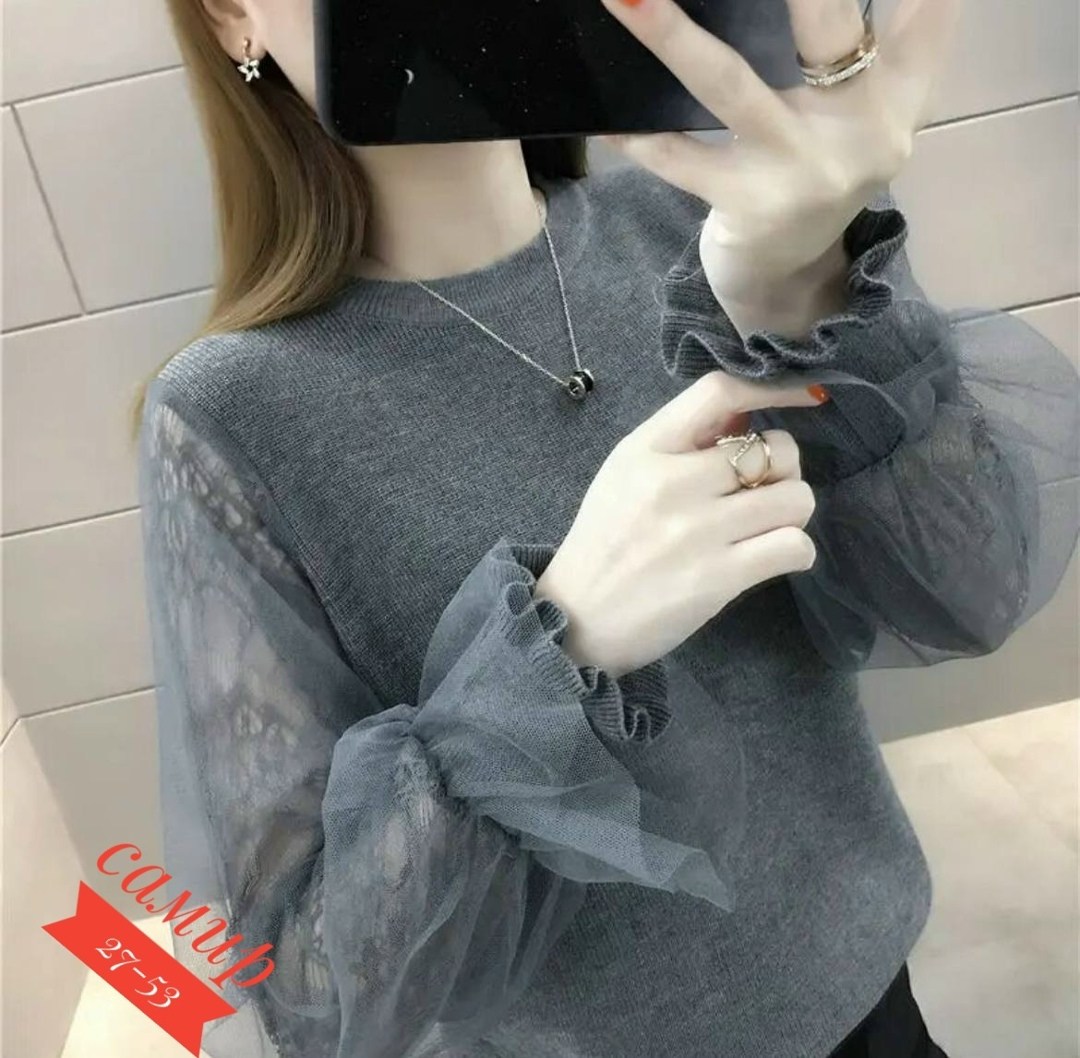 свитер с шифоном,женский джемпер с кружевным рукавом,модный женский свитер,свитер с рукавом фонарик,шифоновые блузки