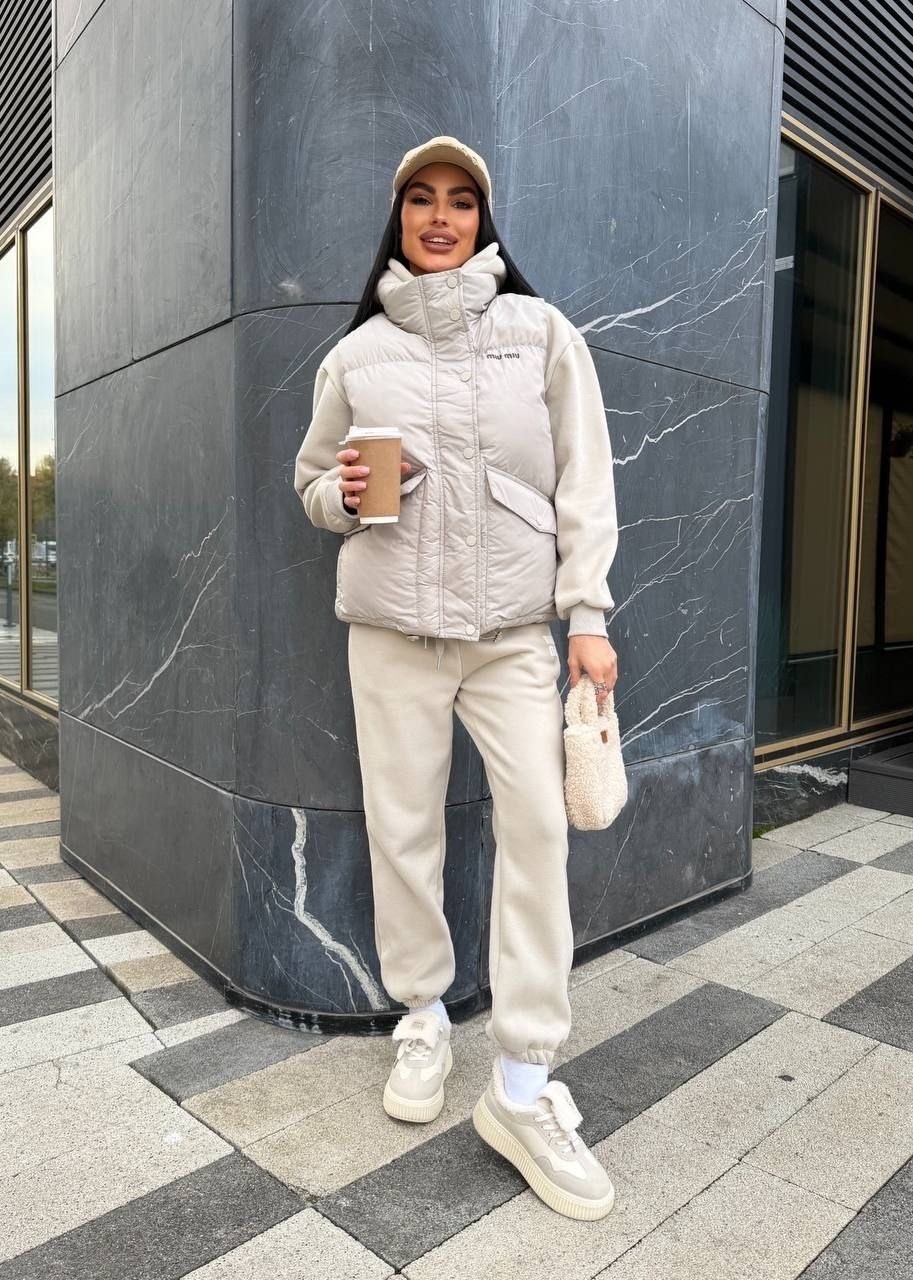 костюм бежевый,костюм на флисе,жилет оверсайз,жилет женский утепленный