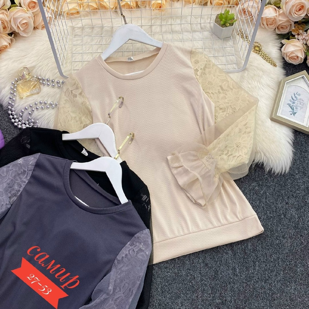 свитер с шифоном,женский джемпер с кружевным рукавом,модный женский свитер,свитер с рукавом фонарик,шифоновые блузки