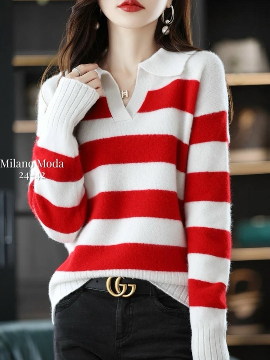 вязаный джемпер в полоску,вязаный свитер в полоску,свитер в полоску с воротником,женский трикотажный свитер в полоску,свитер в полоску женский