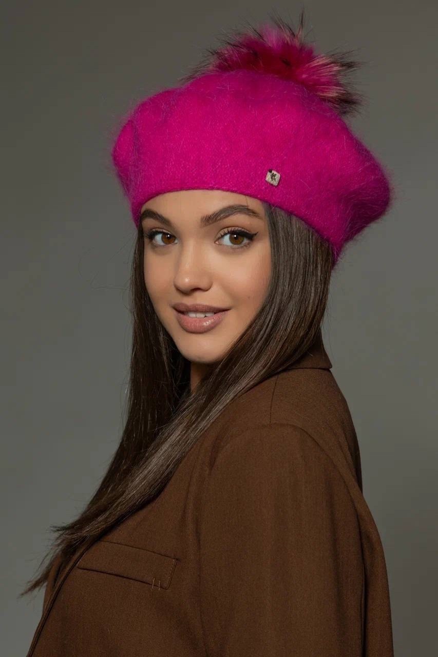 берет женский с помпоном из натурального меха,меховой помпон,беретка с помпоном,берет с помпоном,помпон из натурального меха