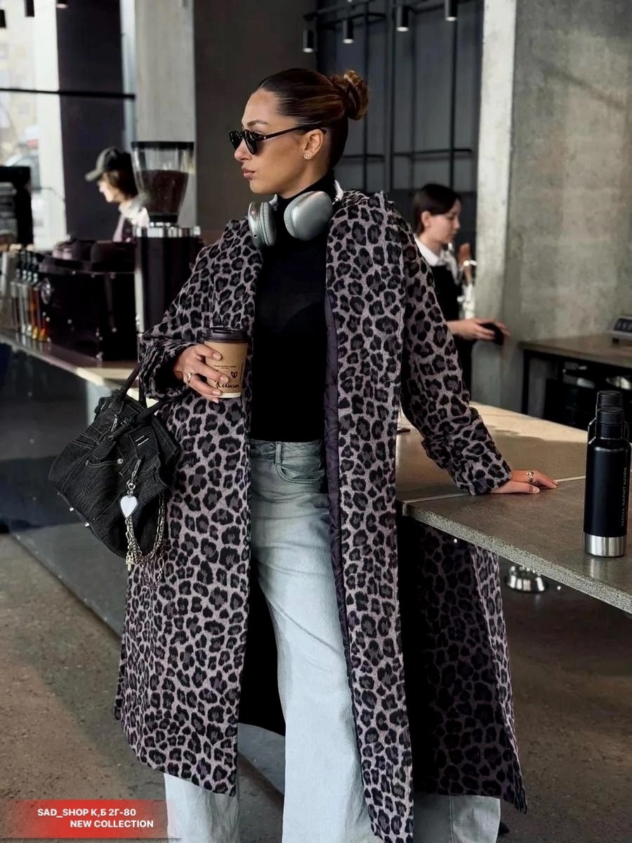 пальто eola 2448 серый леопард,модное пальто,пальто прямого силуэта,пальто серый леопард,пальто с принтом