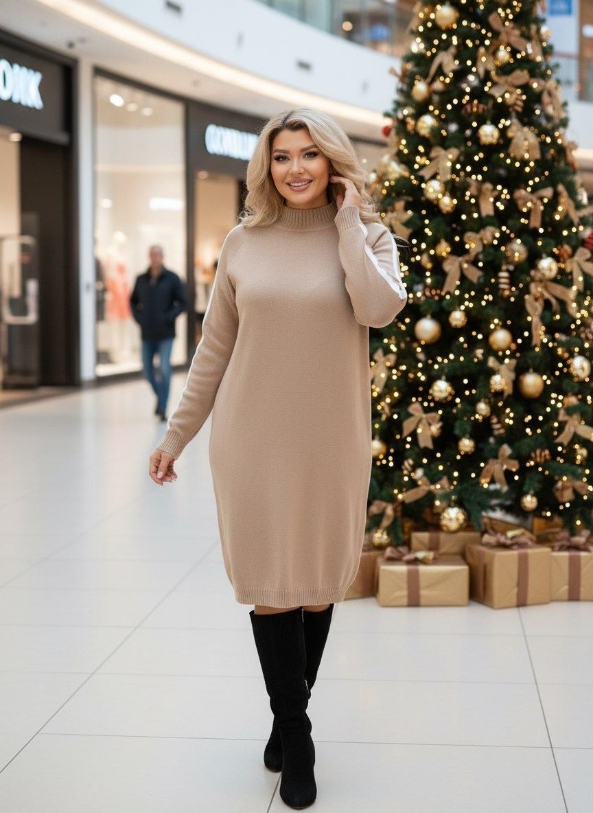 трикотажное платье,платье вязаное теплое,платье из трикотажа,платье прямое,платье rumoda 2178 бежевый