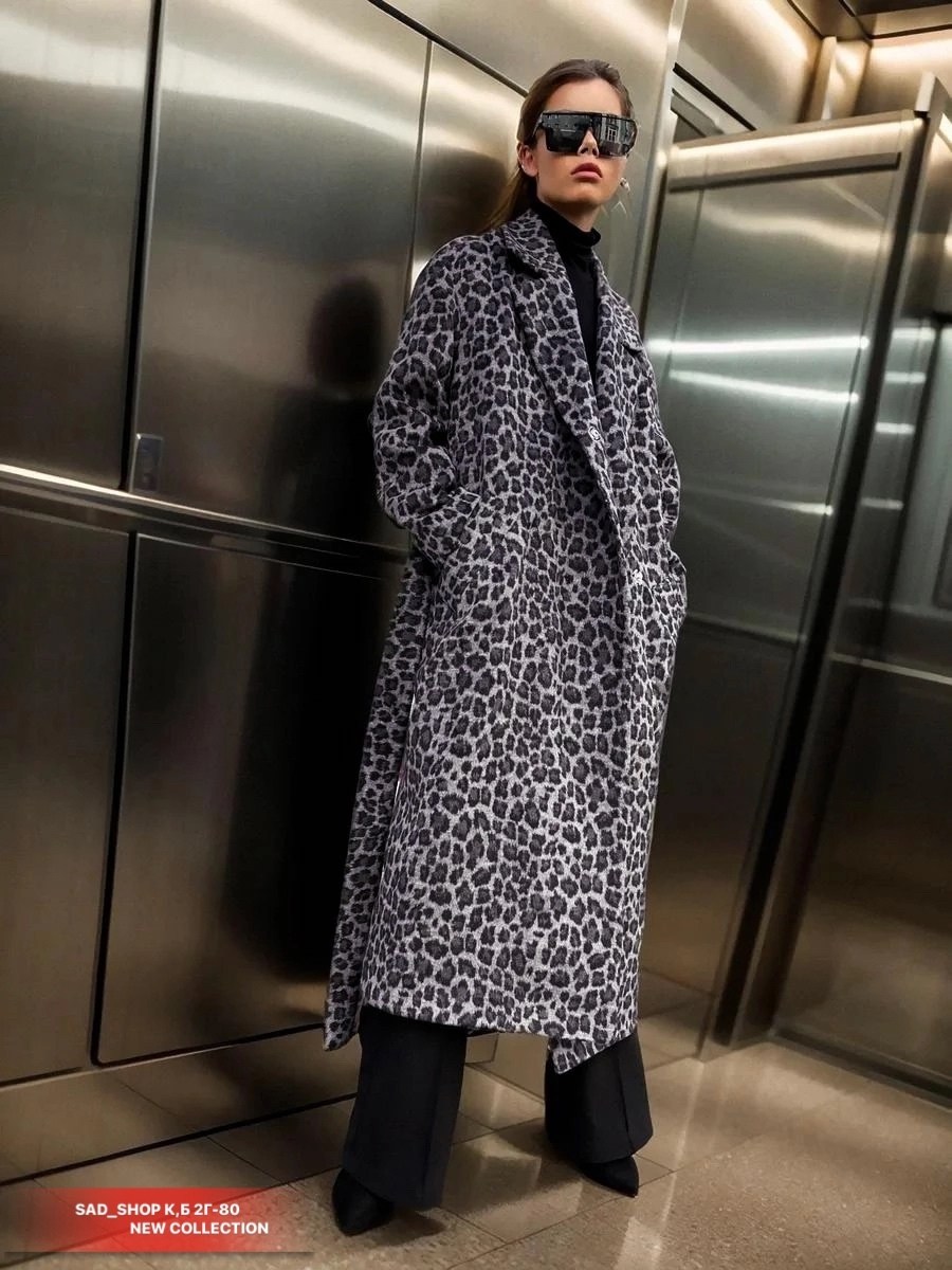пальто eola 2448 серый леопард,модное пальто,пальто прямого силуэта,пальто серый леопард,пальто с принтом