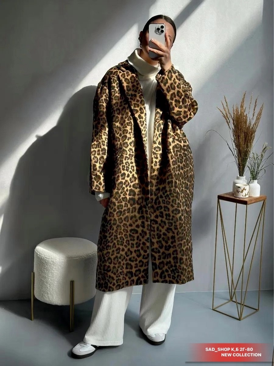 пальто eola 2448 серый леопард,модное пальто,пальто прямого силуэта,пальто серый леопард,пальто с принтом