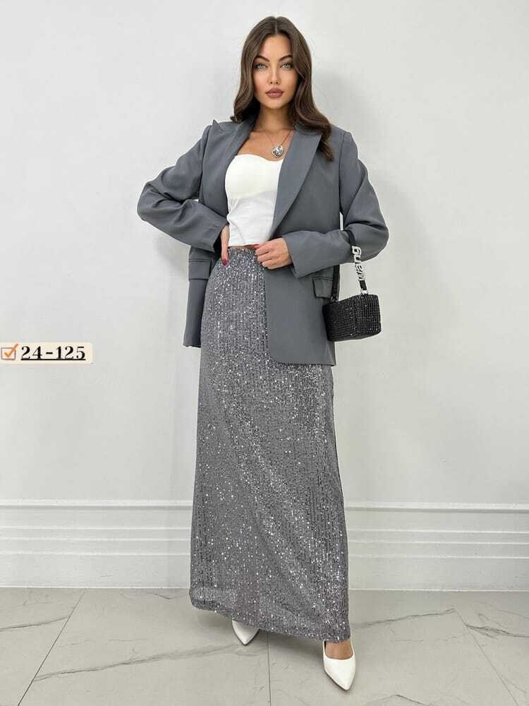 юбка макси с пайетками,юбка женская с пайетками,юбка с пайетками,костюм с юбкой макси,юбка женская серая