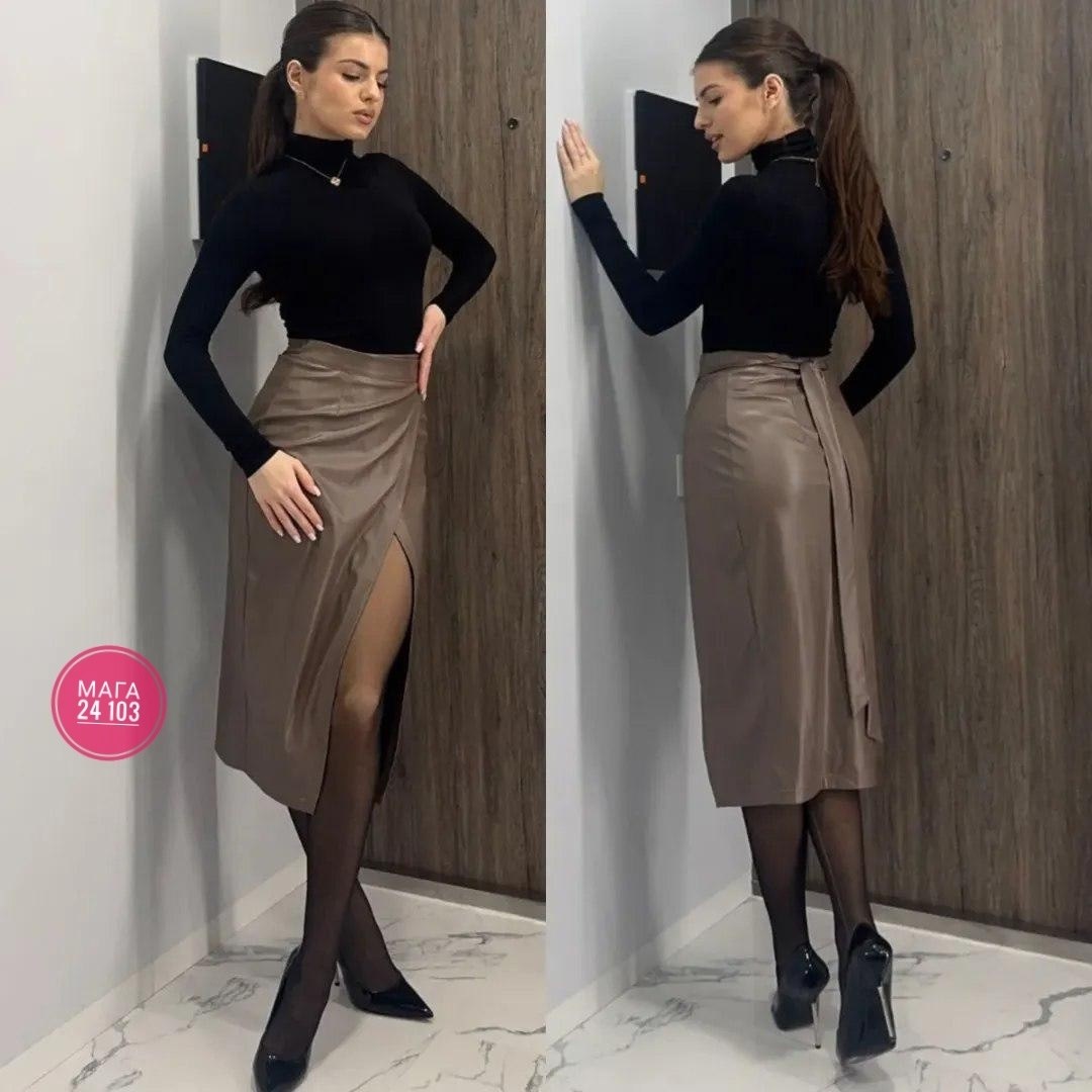 кожаная юбка,кожаная юбка с разрезом,юбка из экокожи,кожаная юбка миди,женская юбка