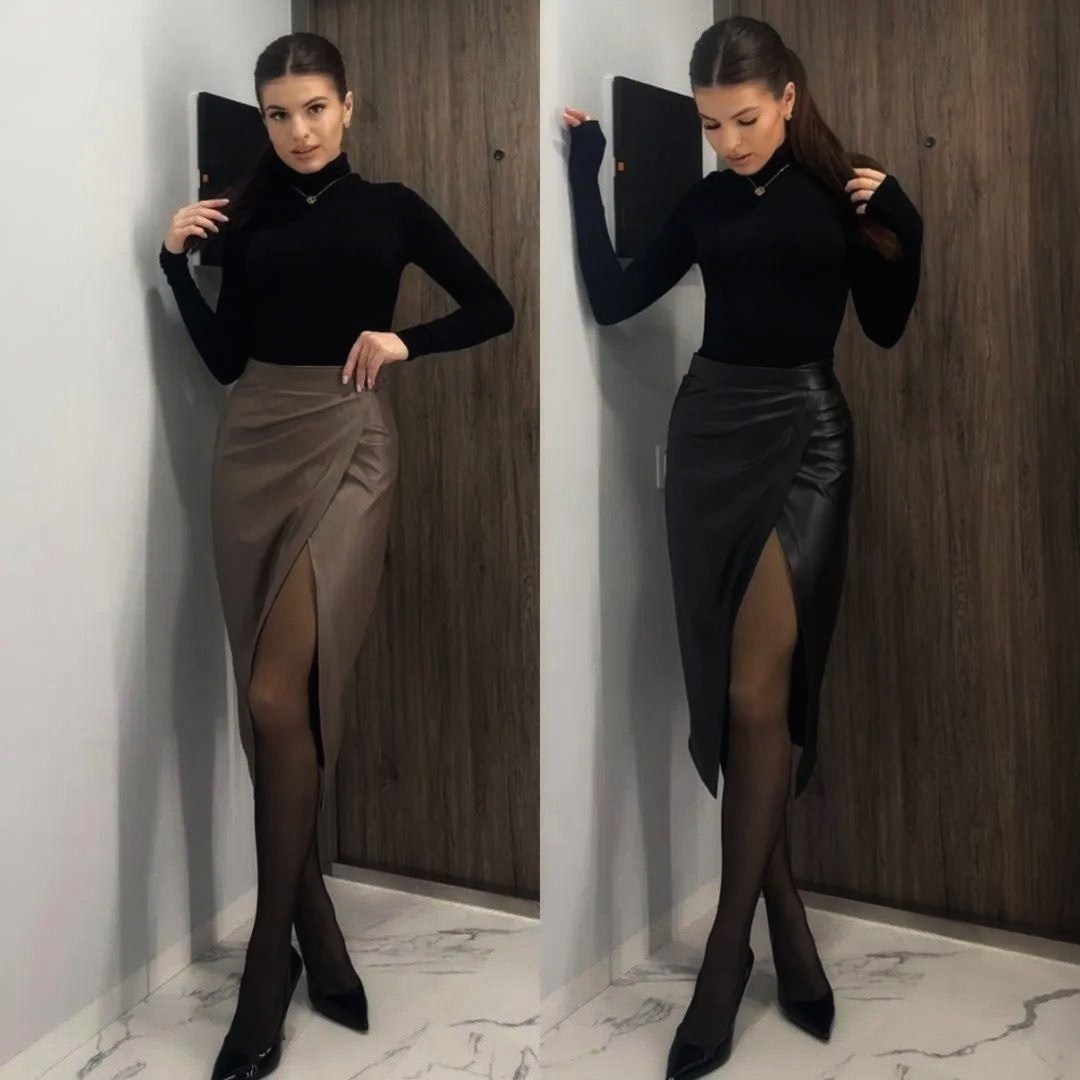 кожаная юбка,юбка кожаная с разрезом,юбка из экокожи,юбка кожаная миди с разрезом,юбка миди кожаная