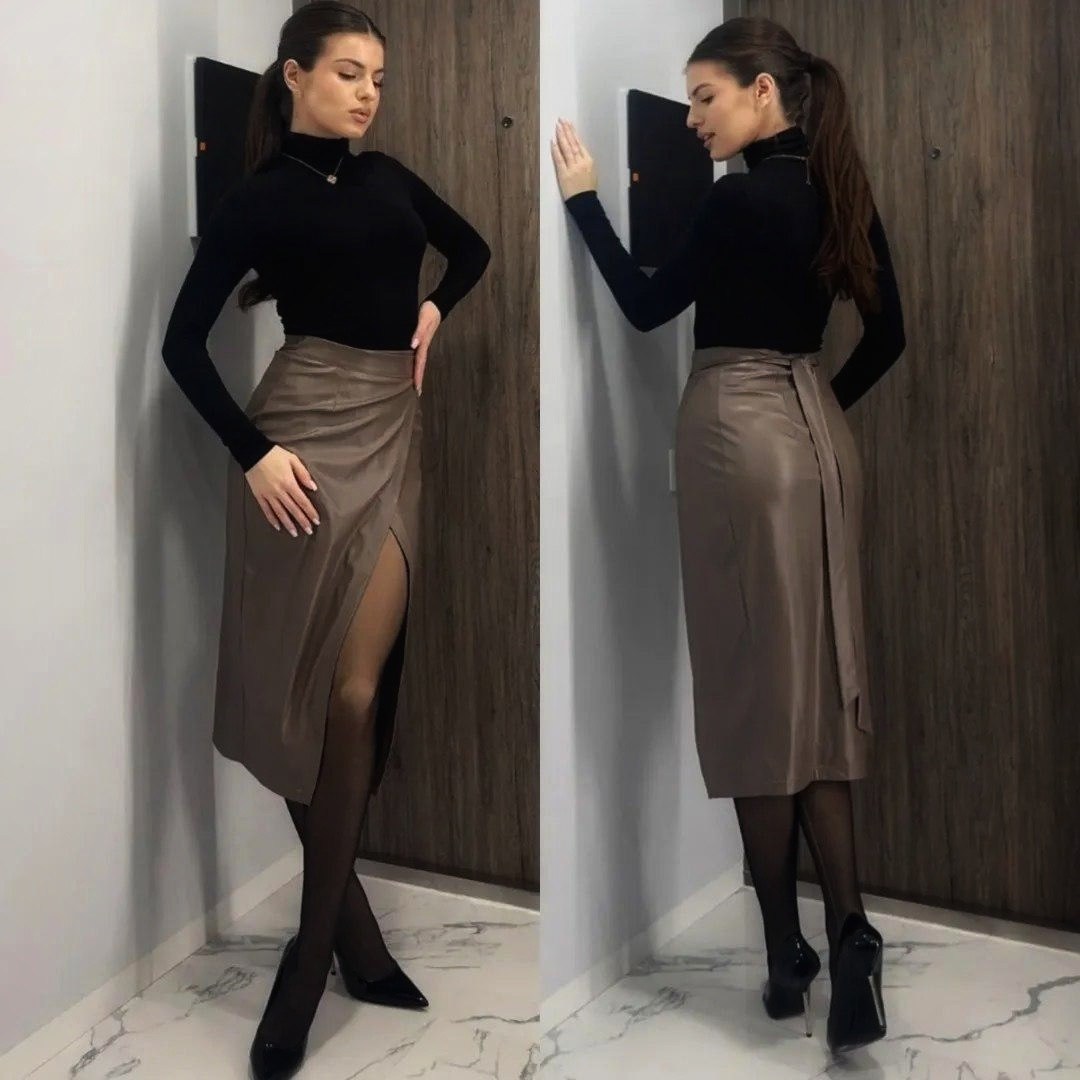 кожаная юбка,юбка кожаная с разрезом,юбка из экокожи,юбка кожаная миди с разрезом,юбка миди кожаная