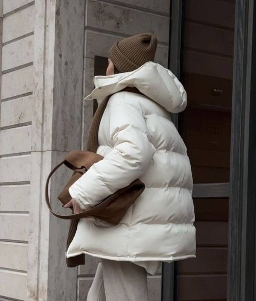 стильные пуховики,зимние образы с пуховиками,пуховик оверсайз,зимняя куртка оверсайз,объемный пуховик