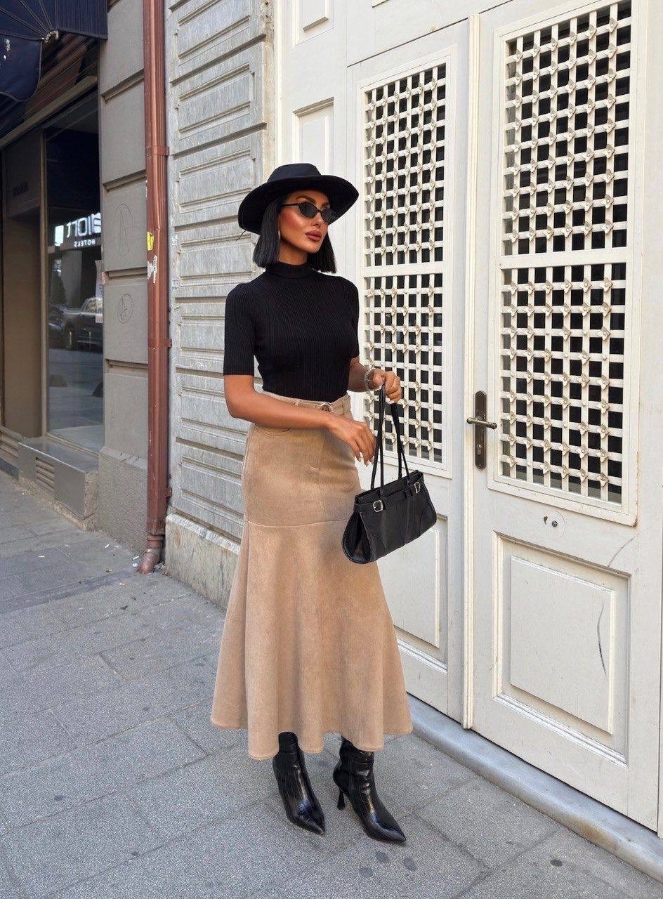 юбка трапеция из экозамши,юбка,бежевая юбка,длинная юбка,модели юбки